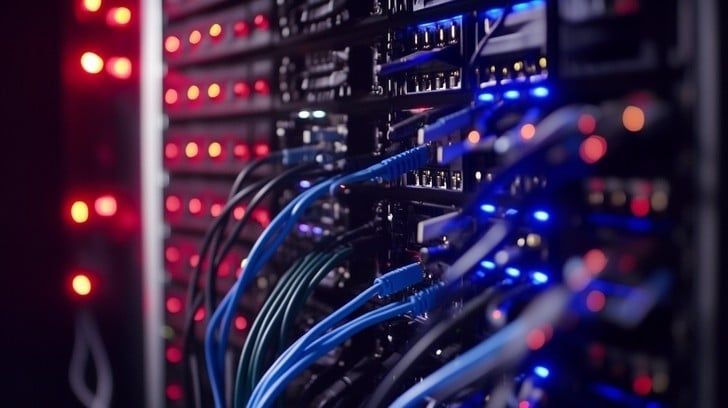 Server rack with blue network cables and red and blue status lights