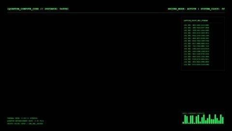 Dark terminal-style interface with green cryptographic text and data charts