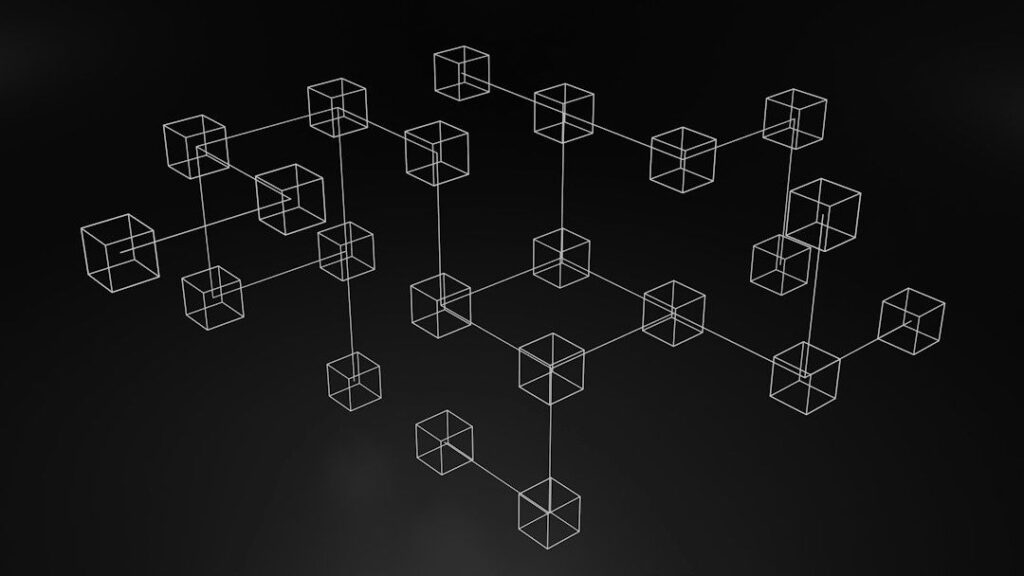 White wireframe cubes linked in a decentralized network diagram